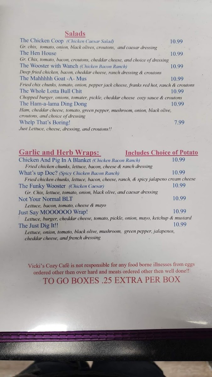Menu Vicki's Cozy Cafe Llc-1