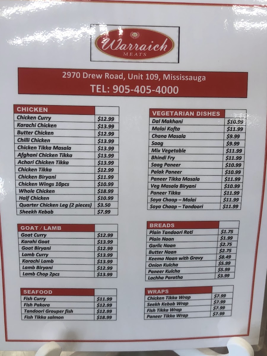 Menu Warraich Meats Restaurant And Take Out-1