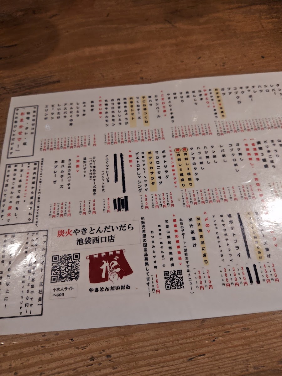 Menu Yakiton Daidara Ikebukuro West Exit-2