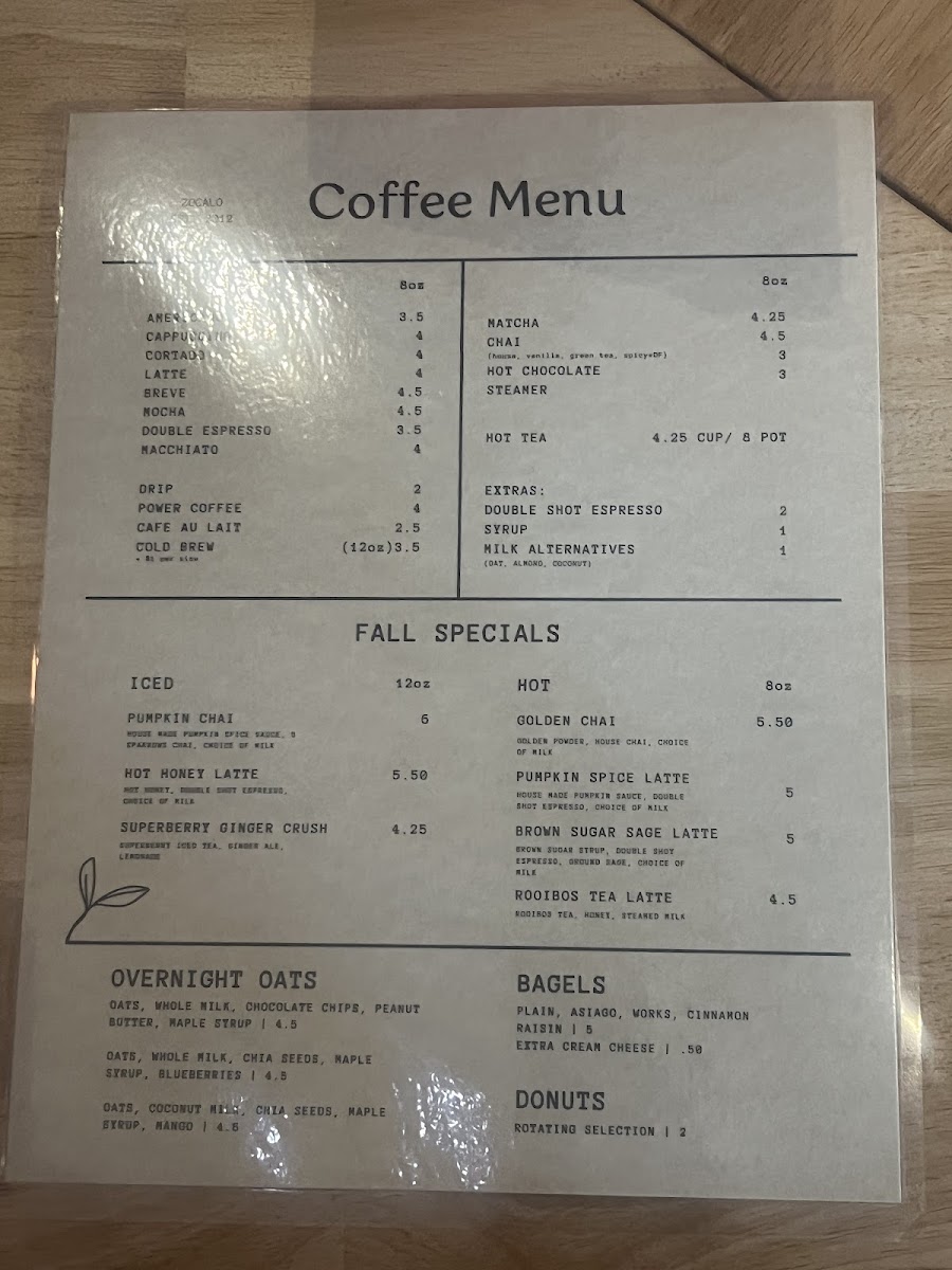 Menu Zocalo